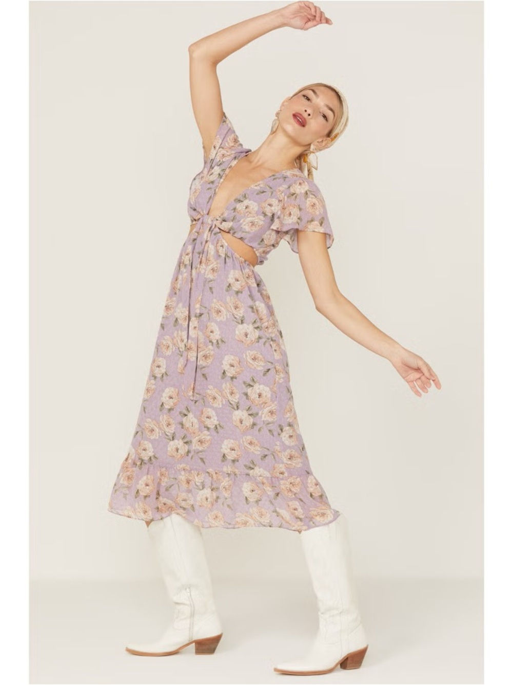 Sage Lavender Floral Tie-Front Midi Dress